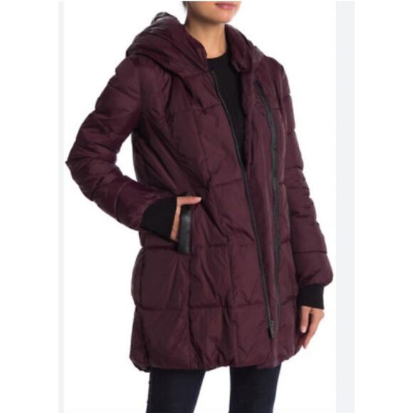 French Connection Burgundy Wine Asymmetrical Pillow Hood Puffer Coat Women Med. - Picture 2 of 16
